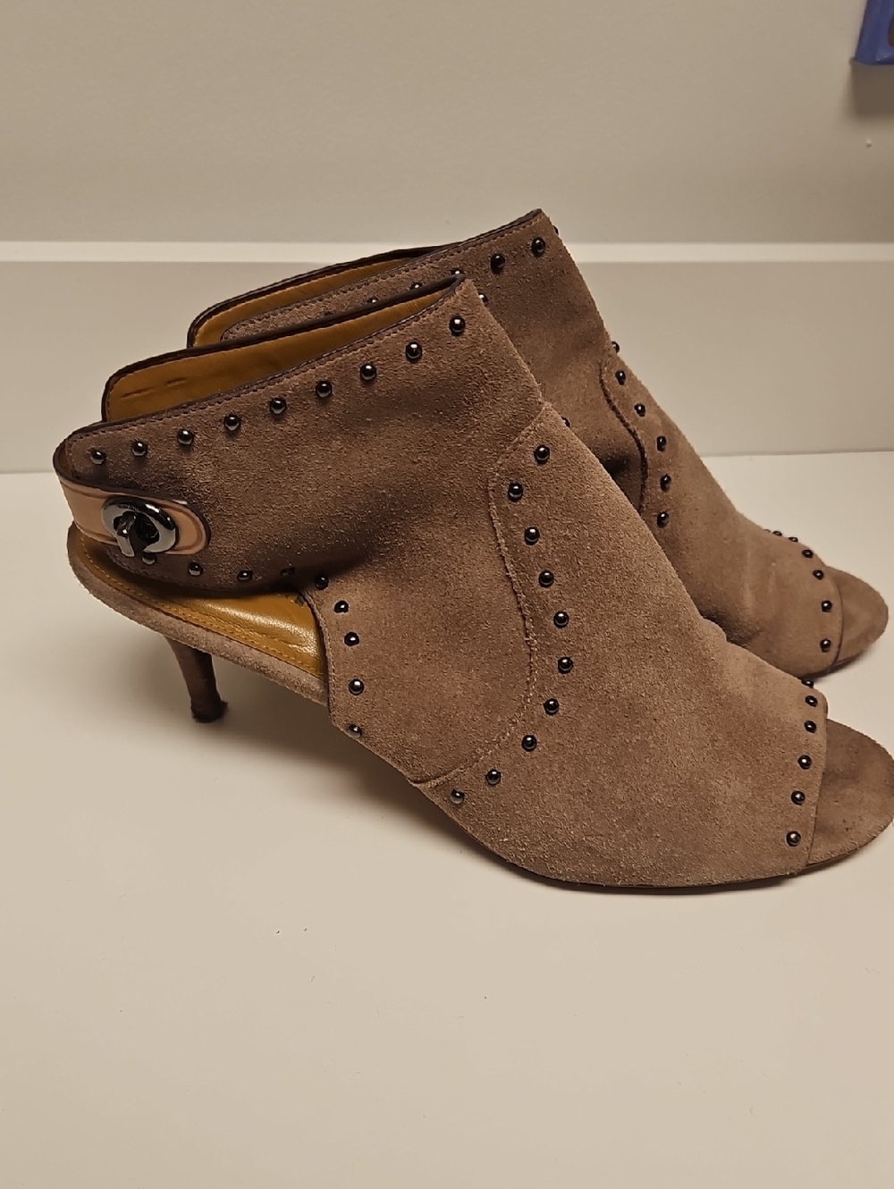 COACH Women's Taupe Suede Studded Peep-Toe Mules